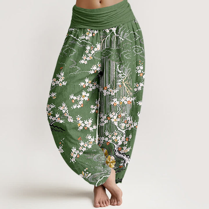 Buddha Stones Pantalones harem de mujer con cintura elástica, de algodón puro blanco, con estampado floral de enredaderas y nubes auspiciosas. - Verde oliva - US16，UK/AU20，EU48 (3XL) - image 0