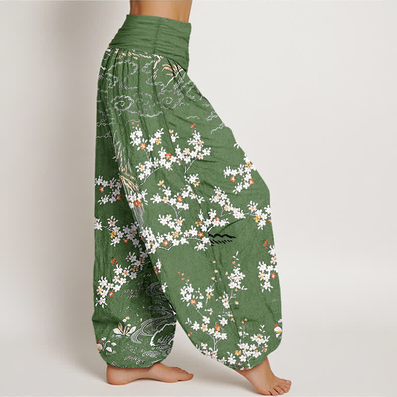 Buddha Stones Pantalones harem de mujer con cintura elástica, de algodón puro blanco, con estampado floral de enredaderas y nubes auspiciosas. - image 2