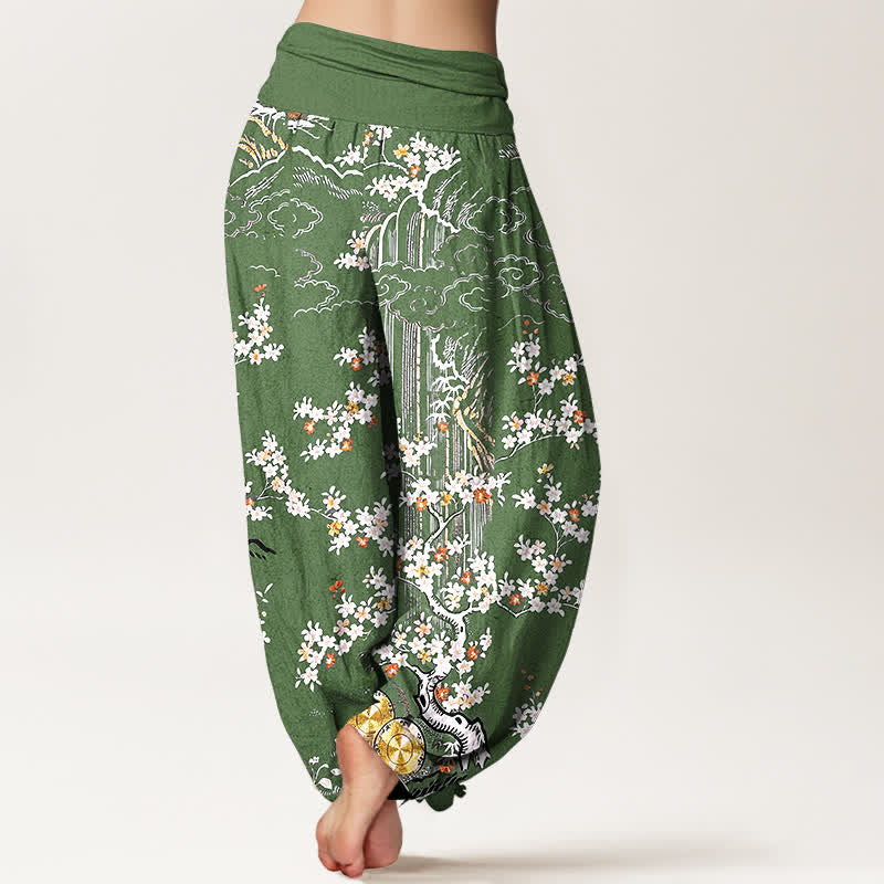 Buddha Stones Pantalones harem de mujer con cintura elástica, de algodón puro blanco, con estampado floral de enredaderas y nubes auspiciosas. - image 1