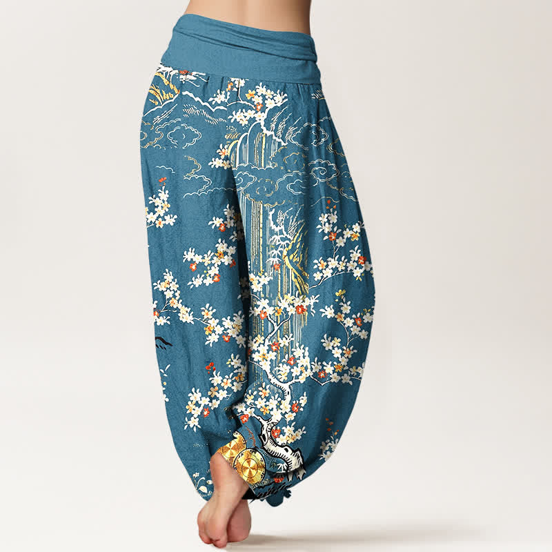 Buddha Stones Pantalones harem de mujer con cintura elástica, de algodón puro blanco, con estampado floral de enredaderas y nubes auspiciosas. - image 6