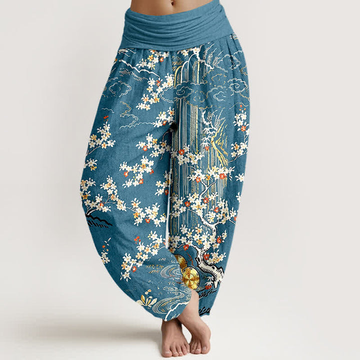 Buddha Stones Pantalones harem de mujer con cintura elástica, de algodón puro blanco, con estampado floral de enredaderas y nubes auspiciosas. - Verde azulado - US16，UK/AU20，EU48 (3XL) - image 5