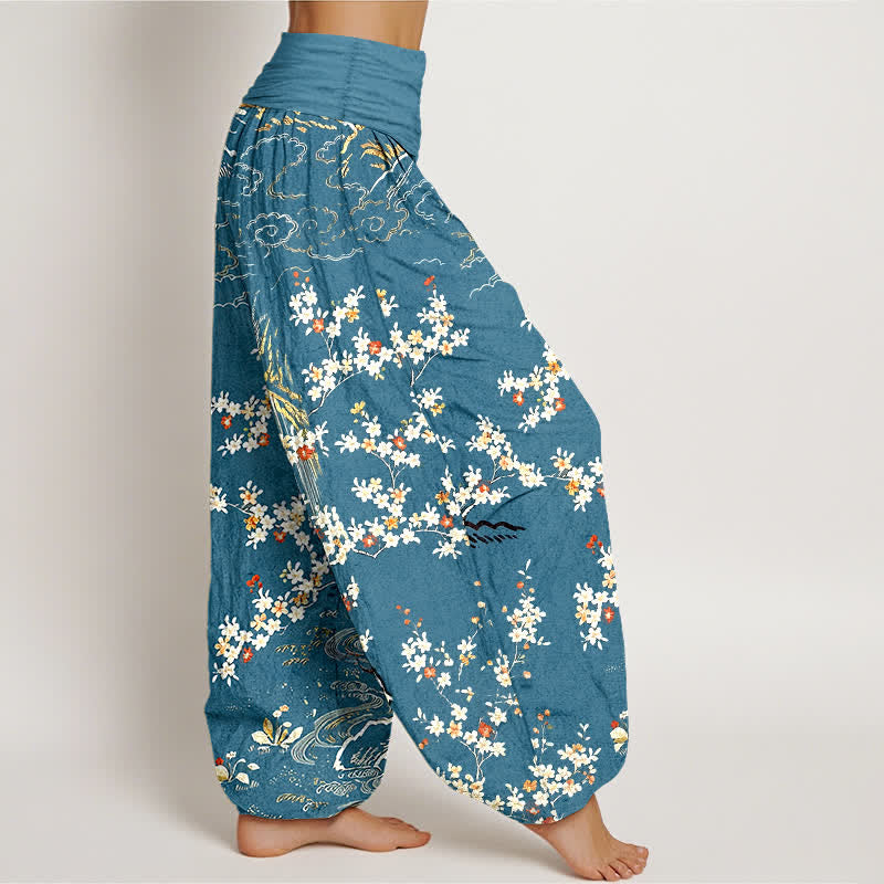Buddha Stones Pantalones harem de mujer con cintura elástica, de algodón puro blanco, con estampado floral de enredaderas y nubes auspiciosas. - image 7