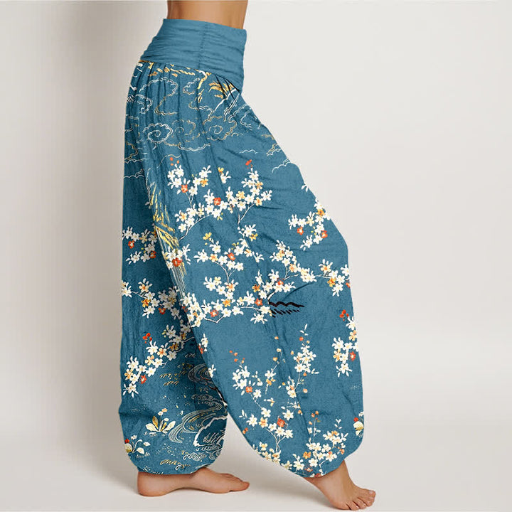 Buddha Stones Pantalones harem de mujer con cintura elástica, de algodón puro blanco, con estampado floral de enredaderas y nubes auspiciosas. - image 7