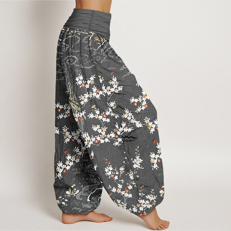 Buddha Stones Pantalones harem de mujer con cintura elástica, de algodón puro blanco, con estampado floral de enredaderas y nubes auspiciosas. - image 10