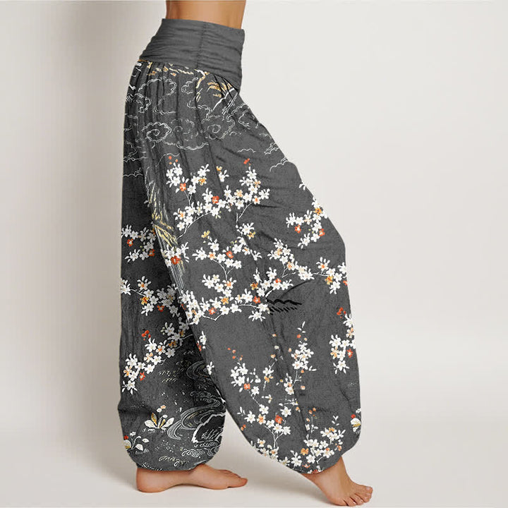 Buddha Stones Pantalones harem de mujer con cintura elástica, de algodón puro blanco, con estampado floral de enredaderas y nubes auspiciosas. - image 10