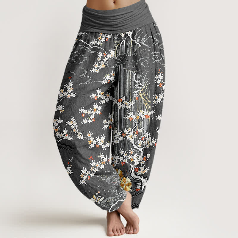 Buddha Stones Pantalones harem de mujer con cintura elástica, de algodón puro blanco, con estampado floral de enredaderas y nubes auspiciosas. - Gris oscuro - US16，UK/AU20，EU48 (3XL) - image 8