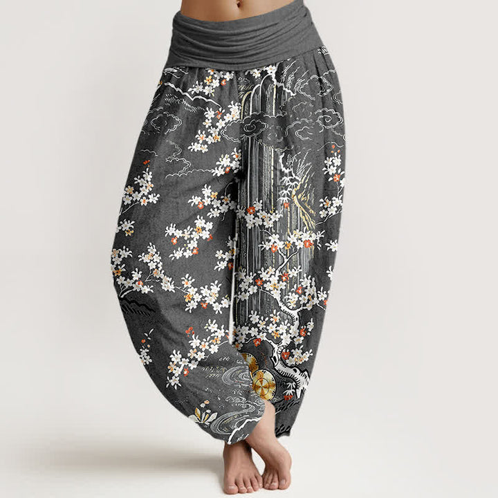 Buddha Stones Pantalones harem de mujer con cintura elástica, de algodón puro blanco, con estampado floral de enredaderas y nubes auspiciosas. - Gris oscuro - US16，UK/AU20，EU48 (3XL) - image 8