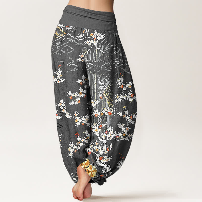 Buddha Stones Pantalones harem de mujer con cintura elástica, de algodón puro blanco, con estampado floral de enredaderas y nubes auspiciosas. - image 9