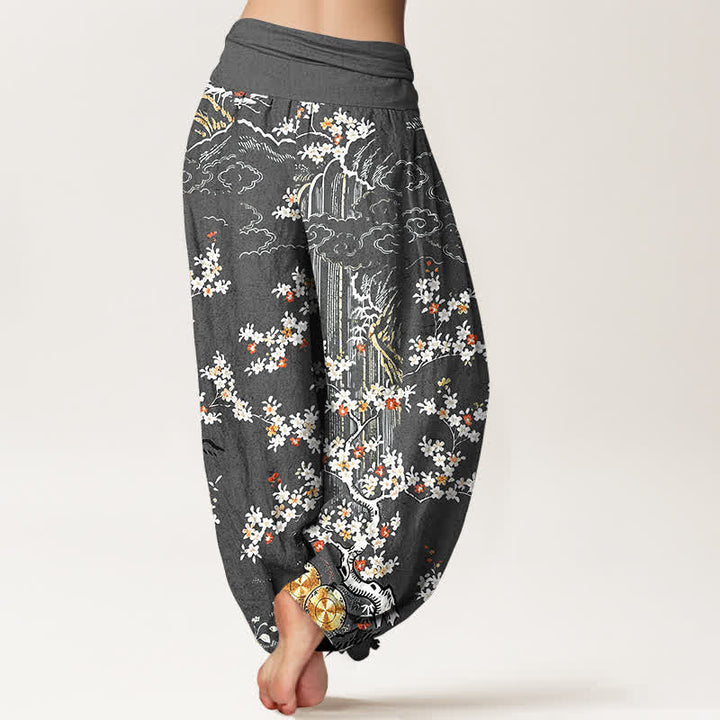 Buddha Stones Pantalones harem de mujer con cintura elástica, de algodón puro blanco, con estampado floral de enredaderas y nubes auspiciosas. - image 9