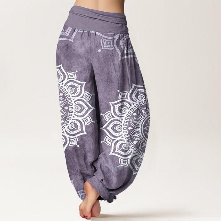 Buddha Stones Pantalones harem de mujer con cintura elástica, estampado floral mandala blanco, de algodón puro. - image 6