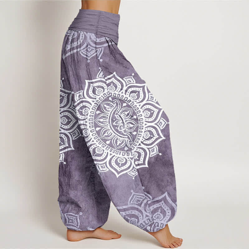 Buddha Stones Pantalones harem de mujer con cintura elástica, estampado floral mandala blanco, de algodón puro. - image 7