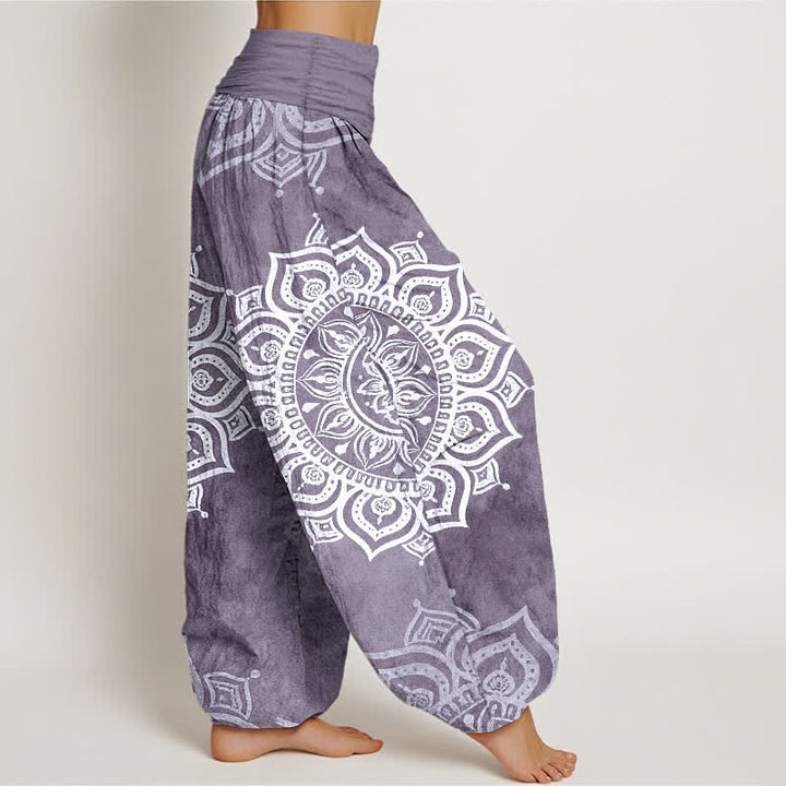 Buddha Stones Pantalones harem de mujer con cintura elástica, estampado floral mandala blanco, de algodón puro. - image 7