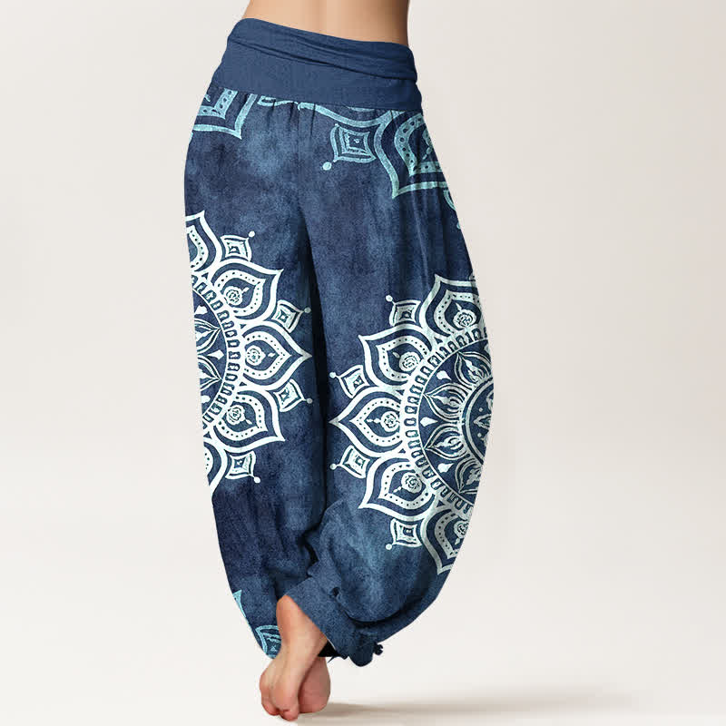Buddha Stones Pantalones harem de mujer con cintura elástica, estampado floral mandala blanco, de algodón puro. - image 9