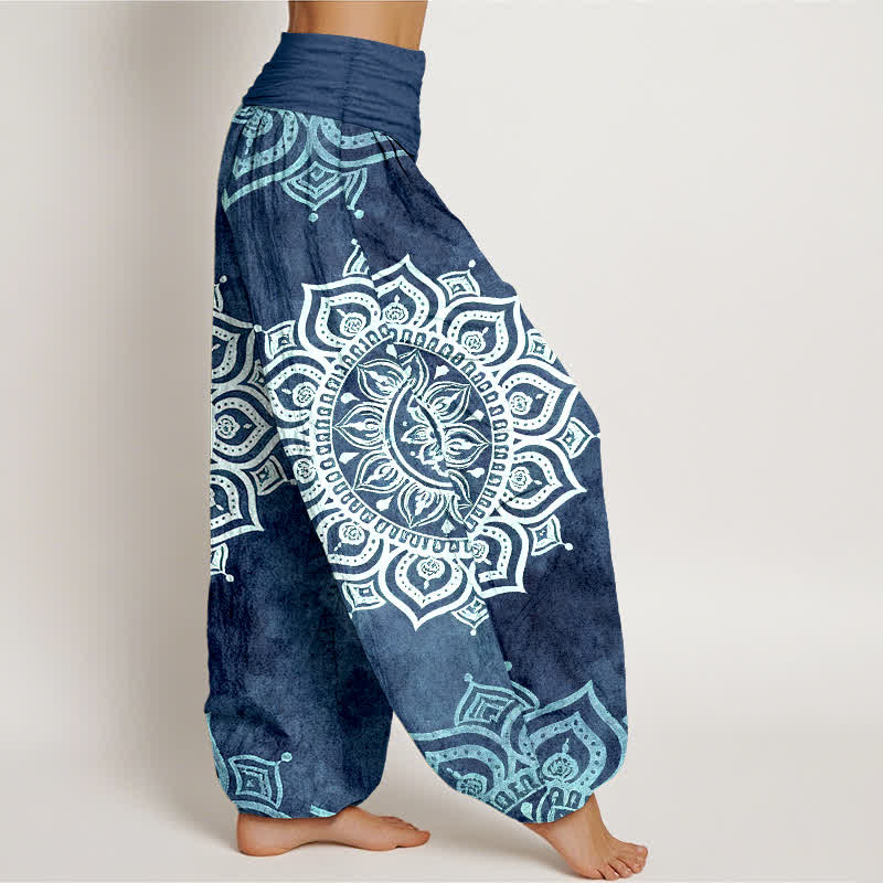 Buddha Stones Pantalones harem de mujer con cintura elástica, estampado floral mandala blanco, de algodón puro. - image 10