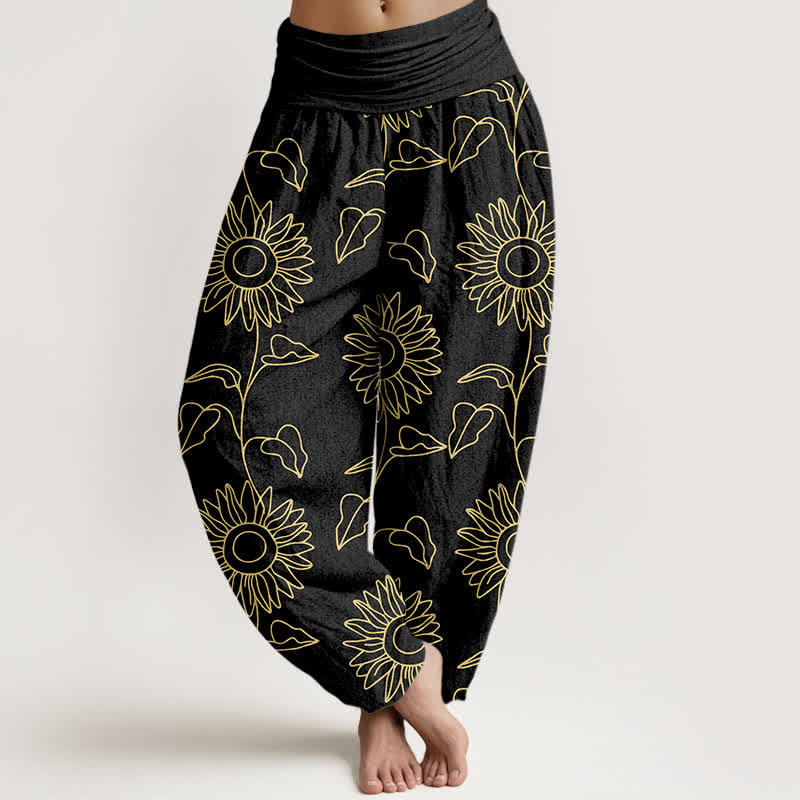 Buddha Stones Pantalones harem de mujer con cintura elástica y estampado de girasoles color oro algodón. - Negro - US16，UK/AU20，EU48 (3XL) - image 5