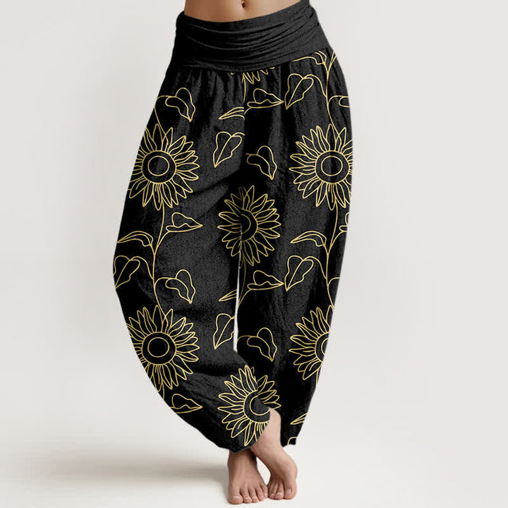 Buddha Stones Pantalones harem de mujer con cintura elástica y estampado de girasoles color oro algodón. - Negro - US16，UK/AU20，EU48 (3XL) - image 5