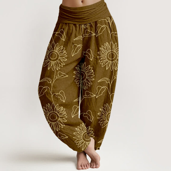 Buddha Stones Pantalones harem de mujer con cintura elástica y estampado de girasoles color oro algodón. - Vara de oro oscura - US16，UK/AU20，EU48 (3XL) - image 8