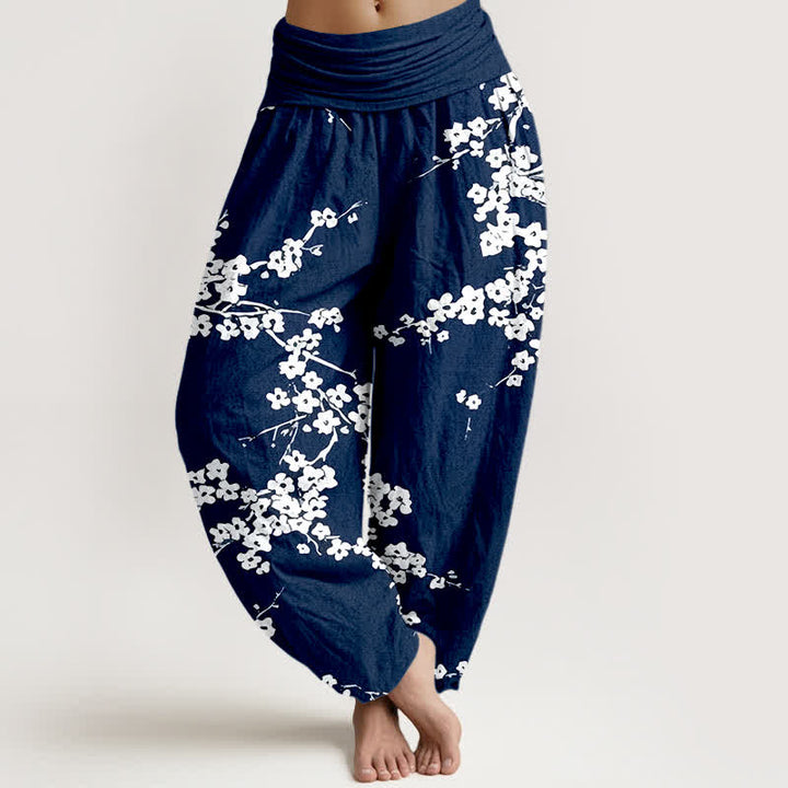 Buddha Stones Pantalones harem de mujer con cintura elástica y estampado de ramas de flores blancas, de algodón puro. - Marina de guerra - US16，UK/AU20，EU48 (3XL) - image 0