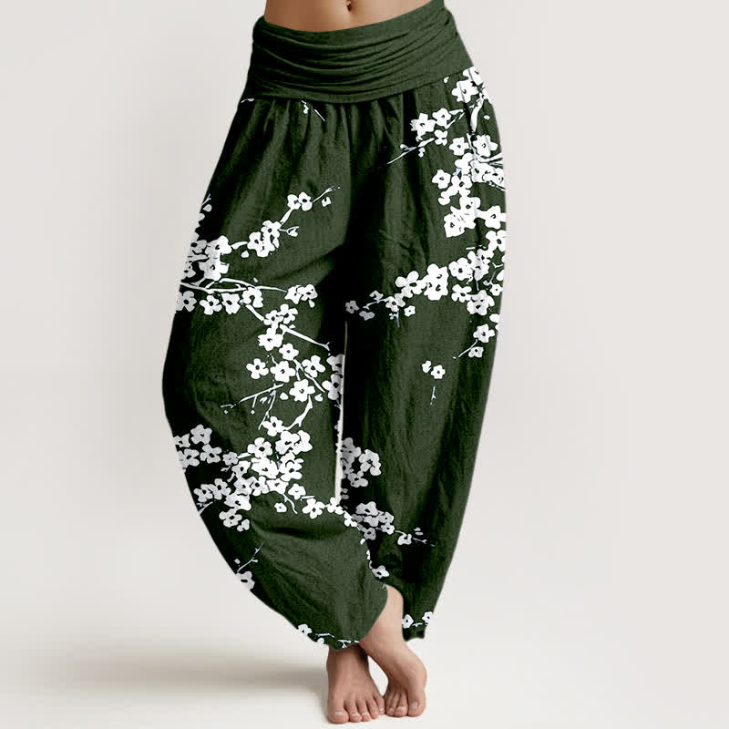 Buddha Stones Pantalones harem de mujer con cintura elástica y estampado de ramas de flores blancas, de algodón puro. - Verde oscuro - US16，UK/AU20，EU48 (3XL) - image 5