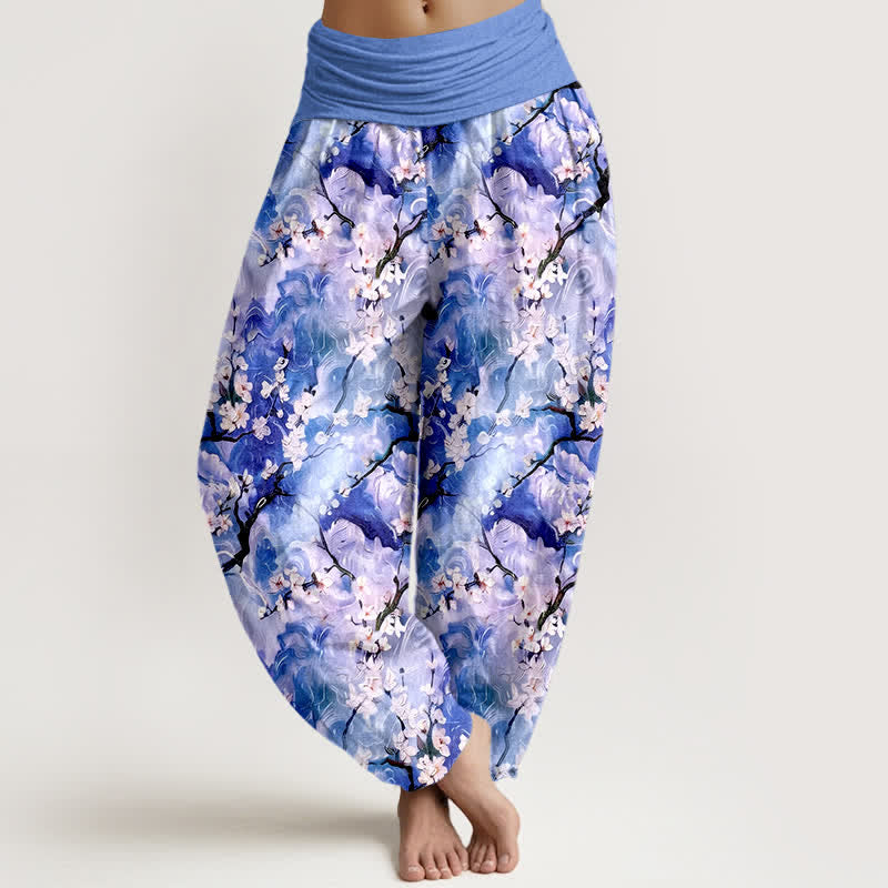 Buddha Stones Pantalones harem de algodón puro con estampado floral acuarela y cintura elástica para mujer. - Azul pizarra medio - US16，UK/AU20，EU48 (3XL) - image 0