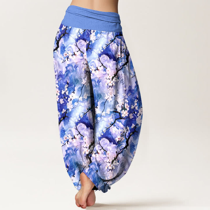 Buddha Stones Pantalones harem de algodón puro con estampado floral acuarela y cintura elástica para mujer. - image 1