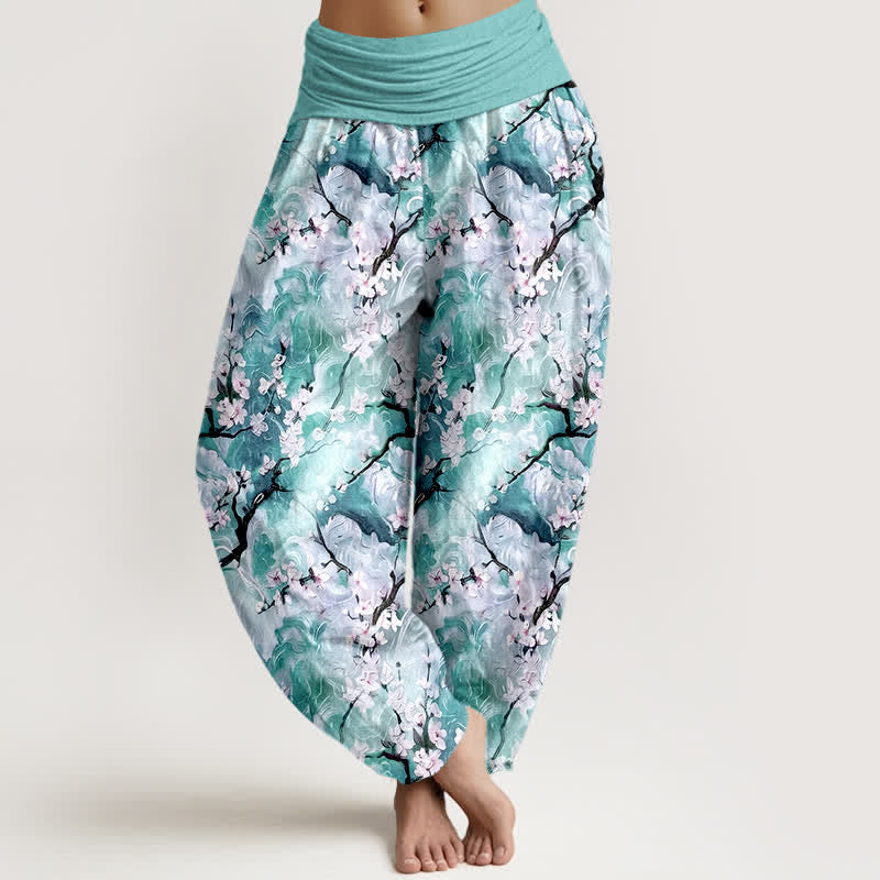 Buddha Stones Pantalones harem de algodón puro con estampado floral acuarela y cintura elástica para mujer. - Turquesa - US16，UK/AU20，EU48 (3XL) - image 5