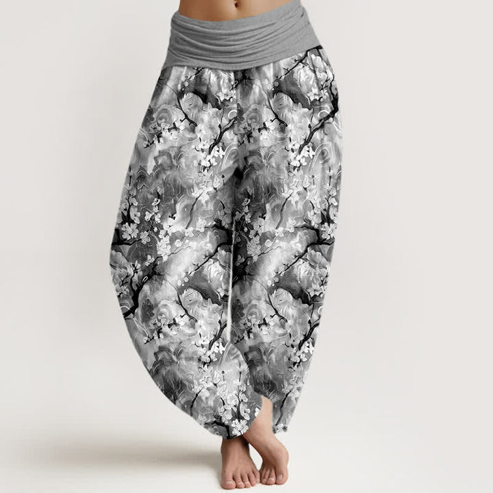 Buddha Stones Pantalones harem de algodón puro con estampado floral acuarela y cintura elástica para mujer. - Gris - US16，UK/AU20，EU48 (3XL) - image 8
