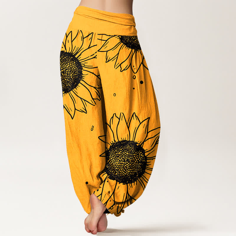Buddha Stones Pantalones harem de mujer con cintura elástica y estampado de girasoles, de algodón puro. - image 1