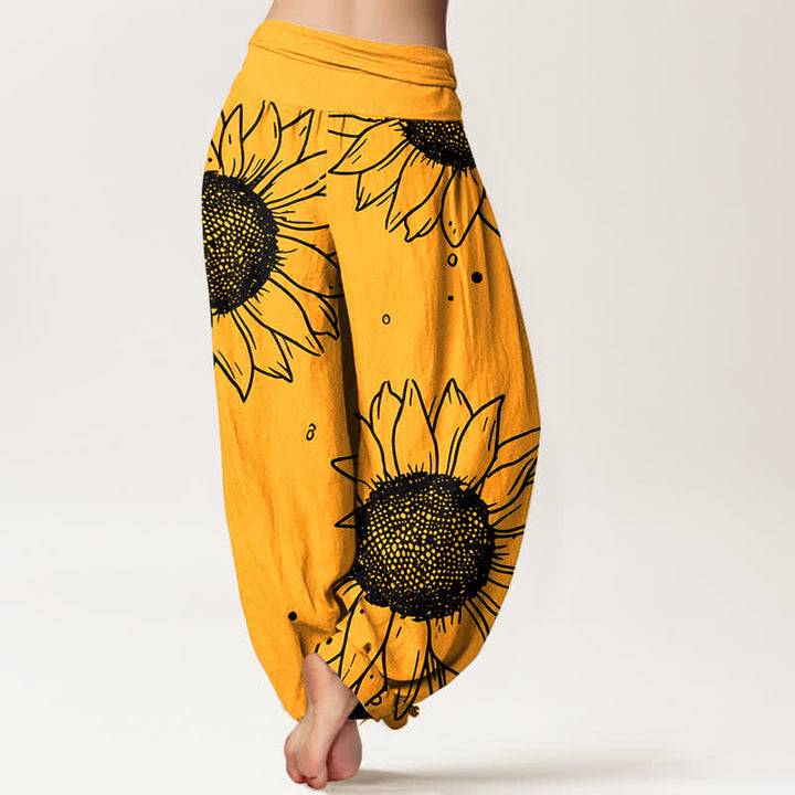 Buddha Stones Pantalones harem de mujer con cintura elástica y estampado de girasoles, de algodón puro. - image 1