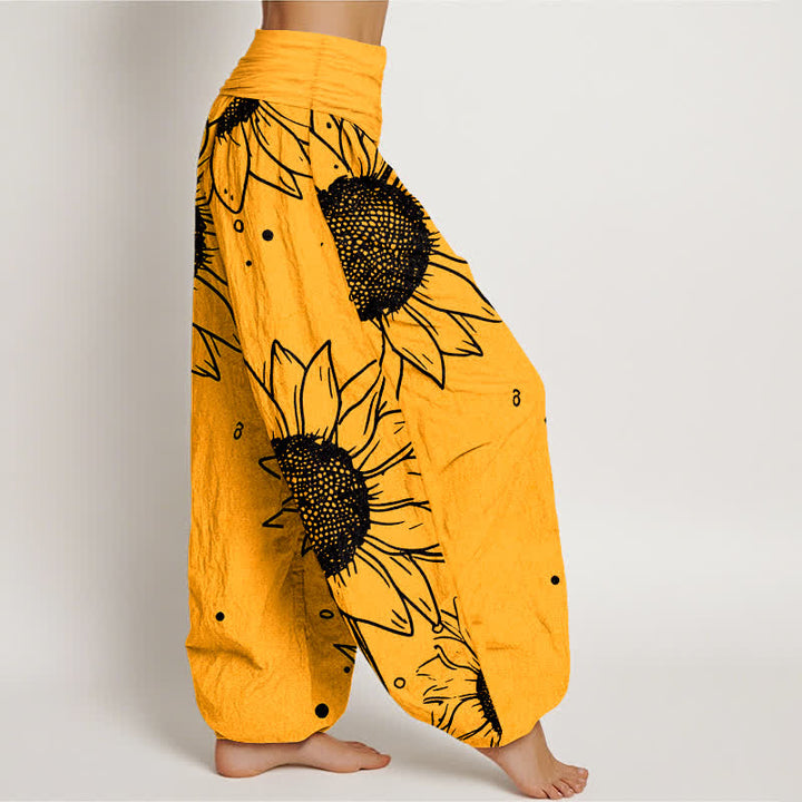 Buddha Stones Pantalones harem de mujer con cintura elástica y estampado de girasoles, de algodón puro. - image 2