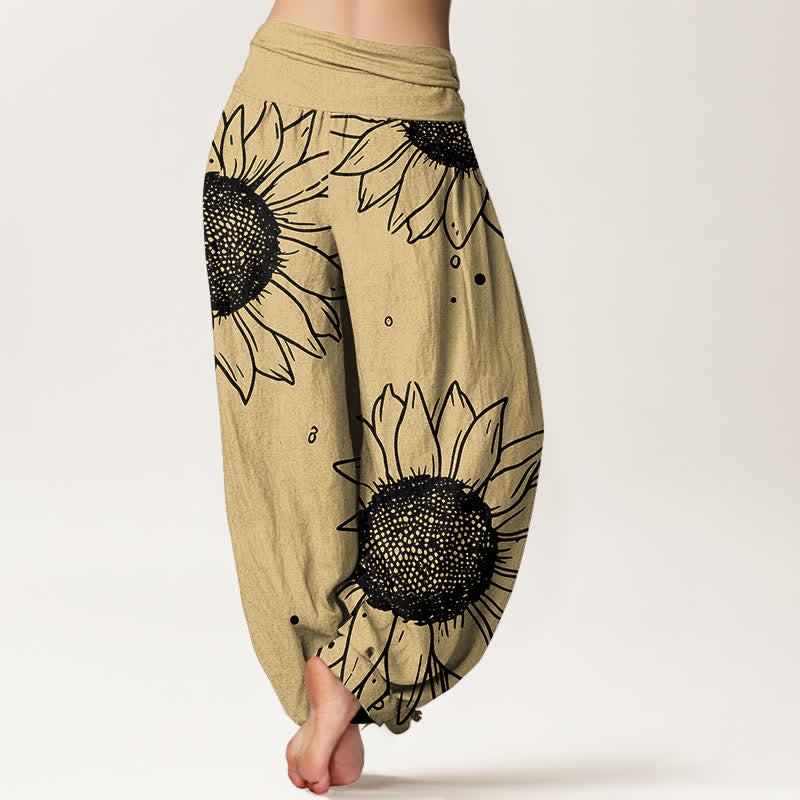 Buddha Stones Pantalones harem de mujer con cintura elástica y estampado de girasoles, de algodón puro. - image 6
