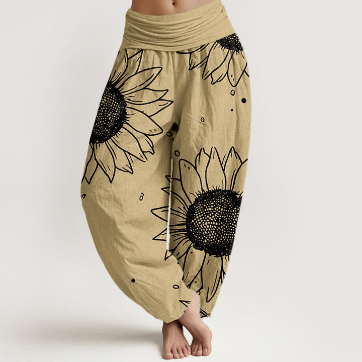 Buddha Stones Pantalones harem de mujer con cintura elástica y estampado de girasoles, de algodón puro. - Caqui - US16，UK/AU20，EU48 (3XL) - image 5