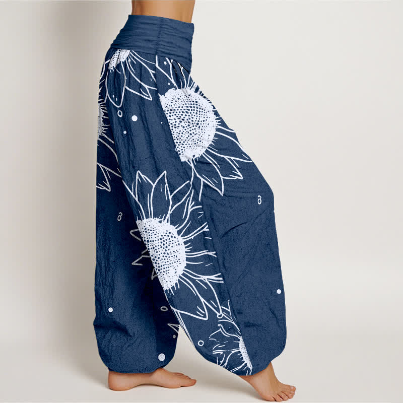 Buddha Stones Pantalones harem de mujer con cintura elástica y estampado de girasoles, de algodón puro. - image 10