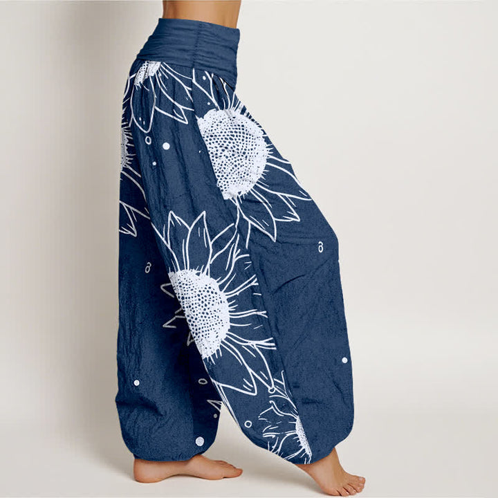 Buddha Stones Pantalones harem de mujer con cintura elástica y estampado de girasoles, de algodón puro. - image 10