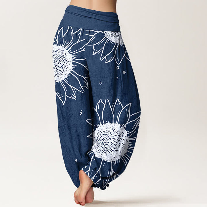 Buddha Stones Pantalones harem de mujer con cintura elástica y estampado de girasoles, de algodón puro. - image 9