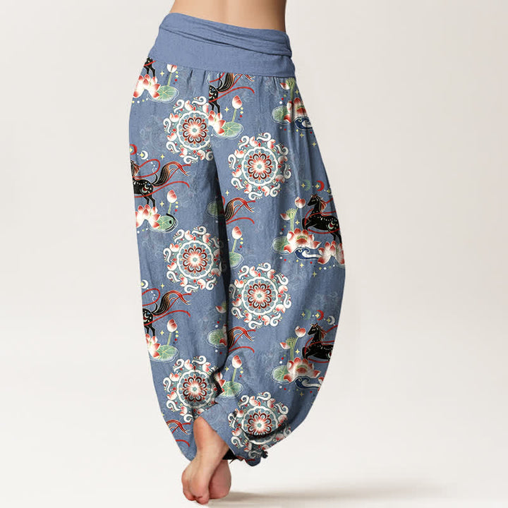 Buddha Stones Pantalones harem de algodón puro con estampado de caballo, loto y mandala para mujer con cintura elástica. - image 1
