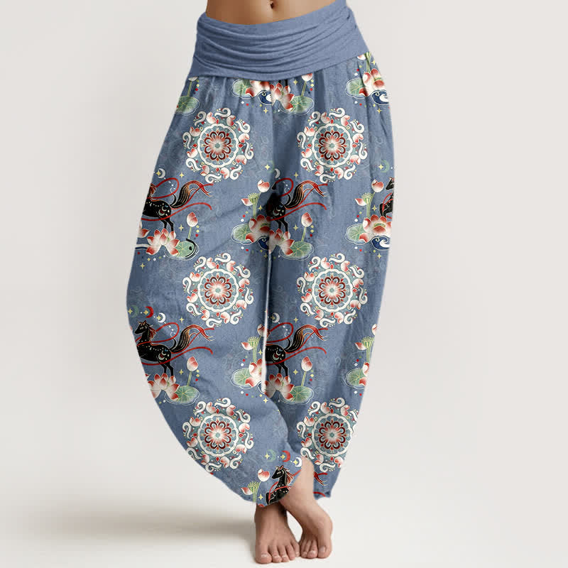 Buddha Stones Pantalones harem de algodón puro con estampado de caballo, loto y mandala para mujer con cintura elástica. - Azul acero - US16，UK/AU20，EU48 (3XL) - image 0