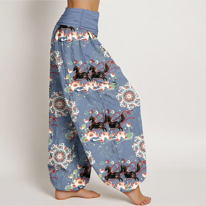 Buddha Stones Pantalones harem de algodón puro con estampado de caballo, loto y mandala para mujer con cintura elástica. - image 2