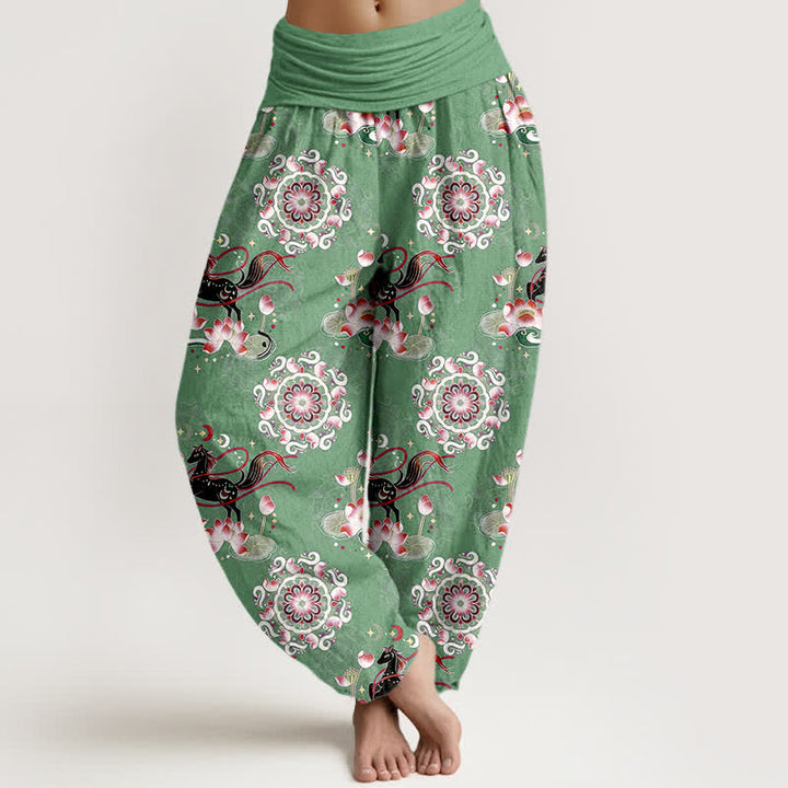 Buddha Stones Pantalones harem de algodón puro con estampado de caballo, loto y mandala para mujer con cintura elástica. - Verde mar medio - US16，UK/AU20，EU48 (3XL) - image 5