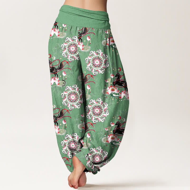 Buddha Stones Pantalones harem de algodón puro con estampado de caballo, loto y mandala para mujer con cintura elástica. - image 6
