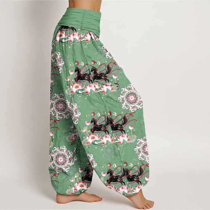 Buddha Stones Pantalones harem de algodón puro con estampado de caballo, loto y mandala para mujer con cintura elástica. - image 7