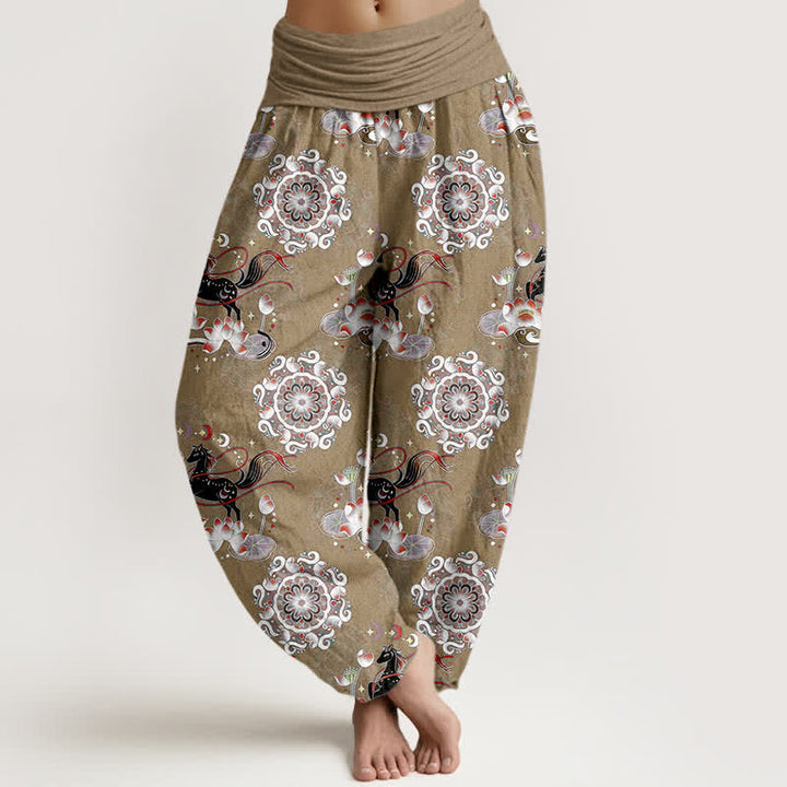 Buddha Stones Pantalones harem de algodón puro con estampado de caballo, loto y mandala para mujer con cintura elástica. - Broncearse - US16，UK/AU20，EU48 (3XL) - image 8