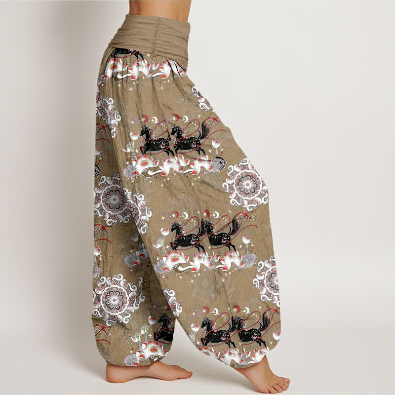 Buddha Stones Pantalones harem de algodón puro con estampado de caballo, loto y mandala para mujer con cintura elástica. - image 10