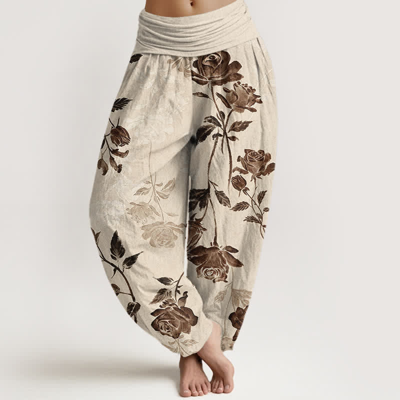 Buddha Stones Pantalones harem de algodón con estampado vintage de rosas para mujer, cintura elástica. - Lino - US16，UK/AU20，EU48 (3XL) - image 0