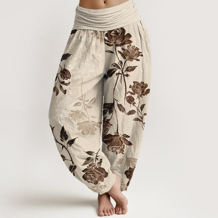 Buddha Stones Pantalones harem de algodón con estampado vintage de rosas para mujer, cintura elástica. - Lino - US16，UK/AU20，EU48 (3XL) - image 0