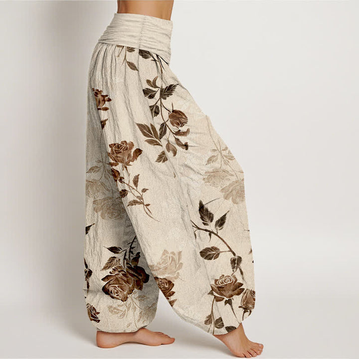 Buddha Stones Pantalones harem de algodón con estampado vintage de rosas para mujer, cintura elástica. - image 2
