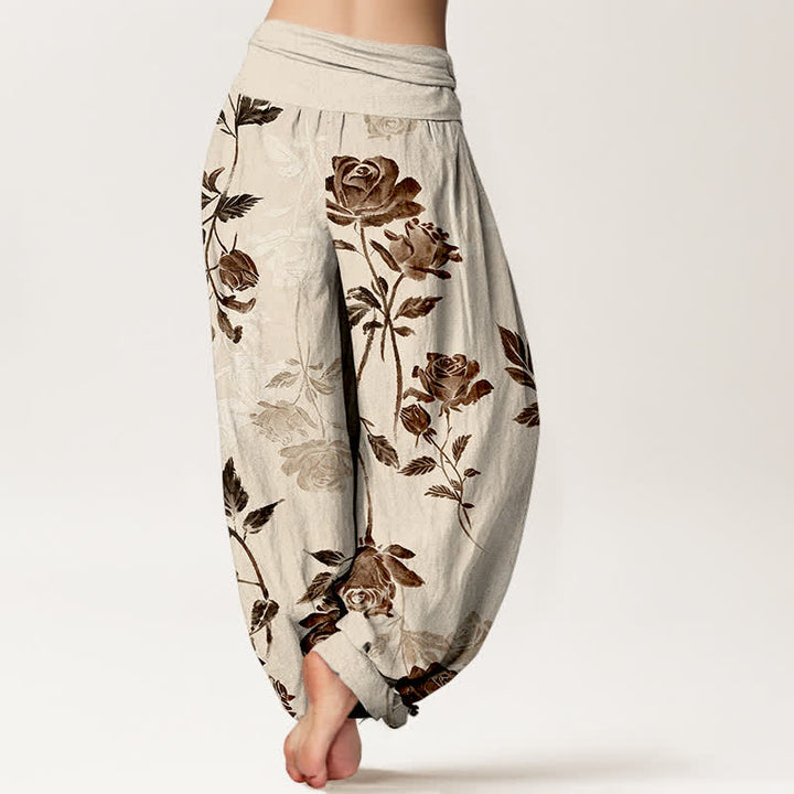 Buddha Stones Pantalones harem de algodón con estampado vintage de rosas para mujer, cintura elástica. - image 1