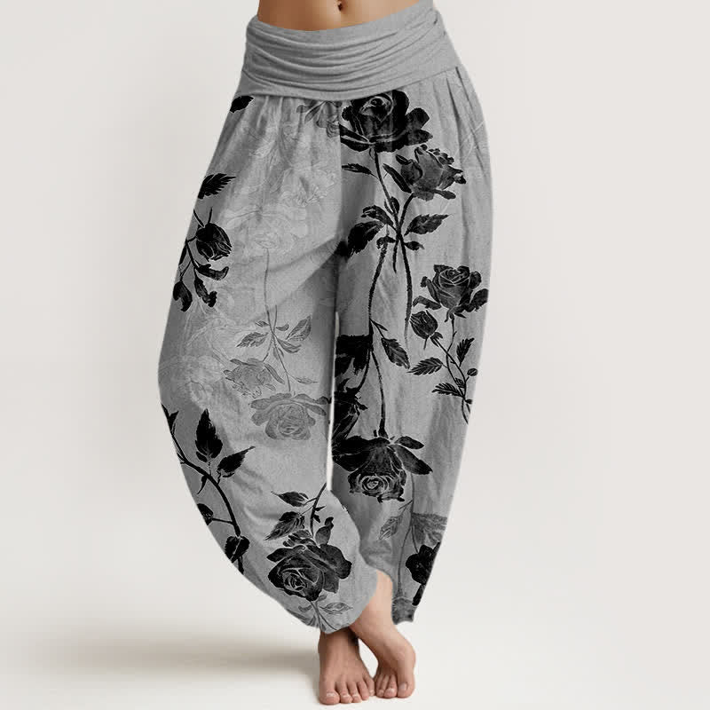 Buddha Stones Pantalones harem de algodón con estampado vintage de rosas para mujer, cintura elástica. - Gris oscuro - US16，UK/AU20，EU48 (3XL) - image 5
