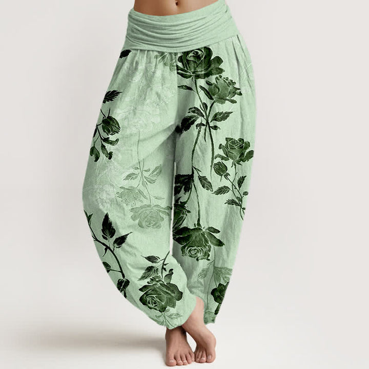 Buddha Stones Pantalones harem de algodón con estampado vintage de rosas para mujer, cintura elástica. - Verde pálido - US16，UK/AU20，EU48 (3XL) - image 8