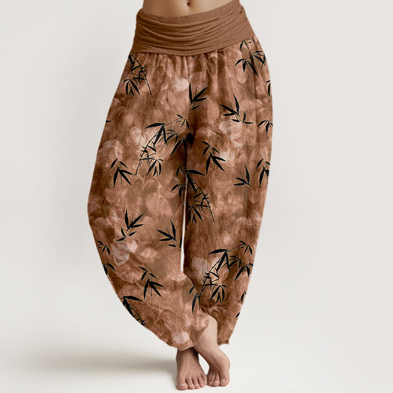 Buddha Stones Pantalones harem de mujer con cintura elástica, estampado de hojas de bambú negras y algodón puro para mujer. - Perú - US16，UK/AU20，EU48 (3XL) - image 5